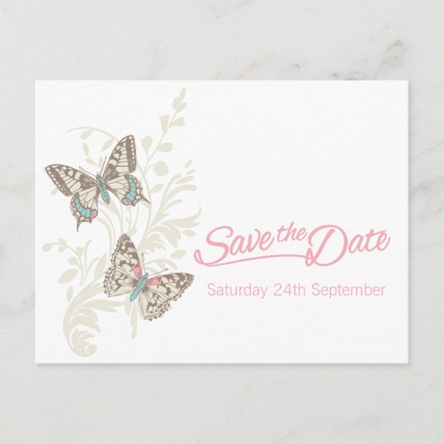 Tarjeta de aviso de boda mariposas rosa blanco cre (Anverso)