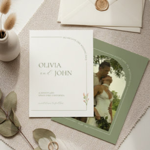 Tarjeta de aviso de boda minimalista en verde salv