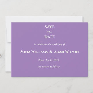Tarjeta de aviso de boda minimalista púrpura amati
