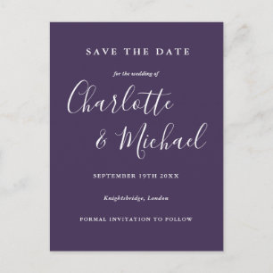 Tarjeta de aviso de boda morada Script Purple