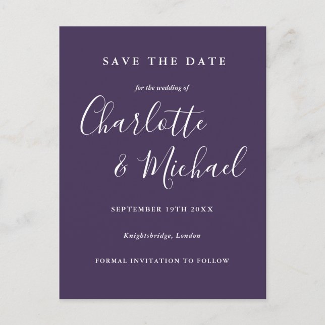 Tarjeta de aviso de boda morada Script Purple (Anverso)