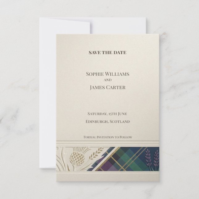 Tarjeta de aviso de boda Navy Tartan Thistle (Anverso)