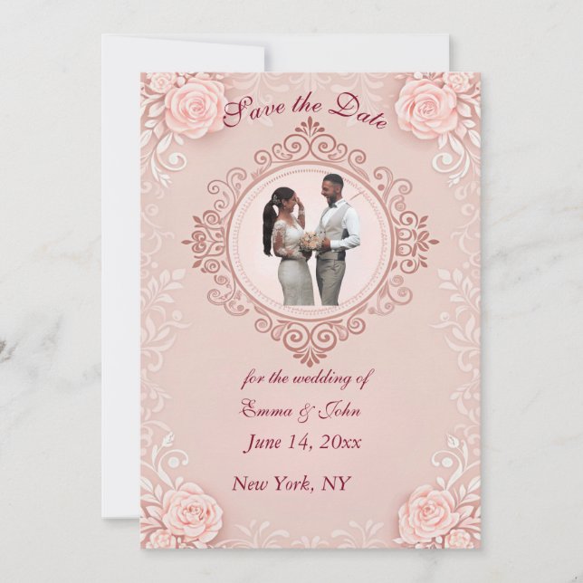 Tarjeta de aviso de boda Rosa Elegante (Anverso)
