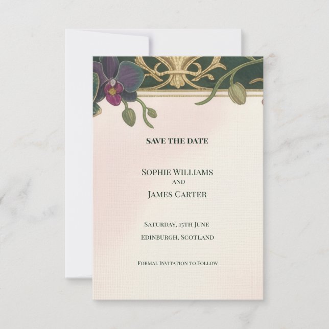 Tarjeta de aviso de bodas barroco orquídea esmeral (Anverso)