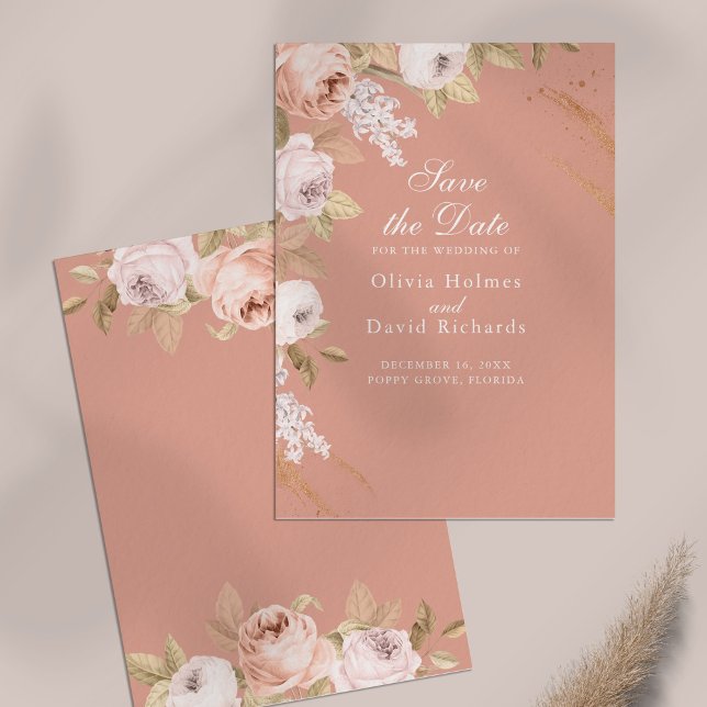 Tarjeta de aviso de bodas Boho Pink Peonies (Boho Pink Peonies Save the Date Card on a table)