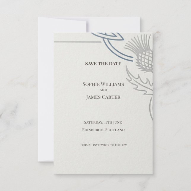 Tarjeta de aviso de bodas celtas con cardo de plat (Anverso)