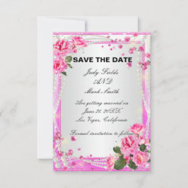 Tarjeta de aviso de bodas con rosas rosadas y perl