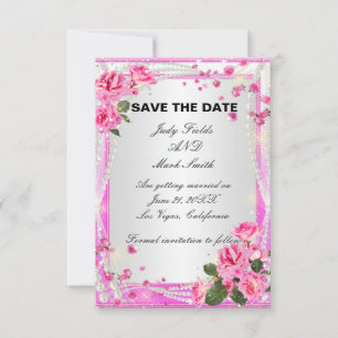 Tarjeta de aviso de bodas con rosas rosadas y perl
