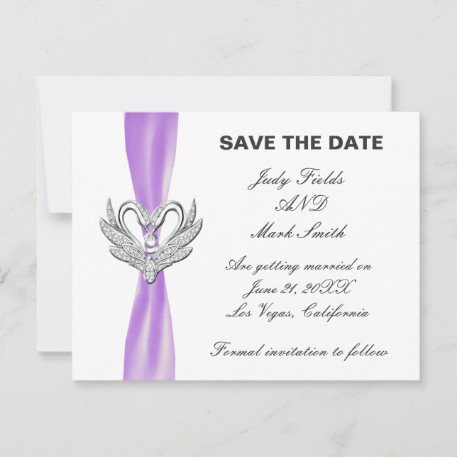 Tarjeta de aviso de bodas de cisnes de plata con c (Anverso)