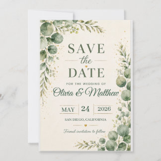 Tarjeta de aviso de bodas de eucalipto verde salvi