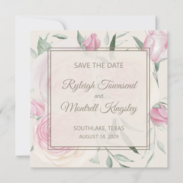 Tarjeta de aviso de bodas Rosas y Crema (Anverso)