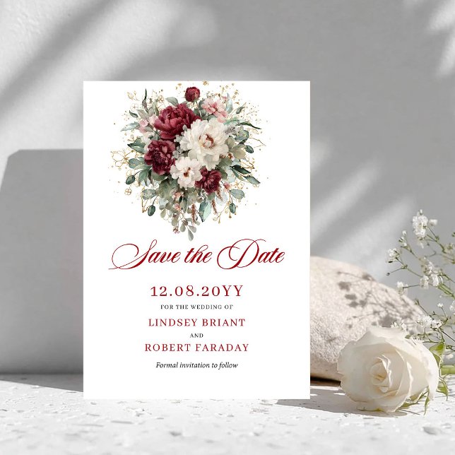 Tarjeta de aviso de boho rubor borgoña dorado (Boho Blush Burgundy Gold Save The Date Card)