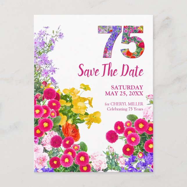 Tarjeta de aviso de cumpleaños 75 floral moderna (Anverso)