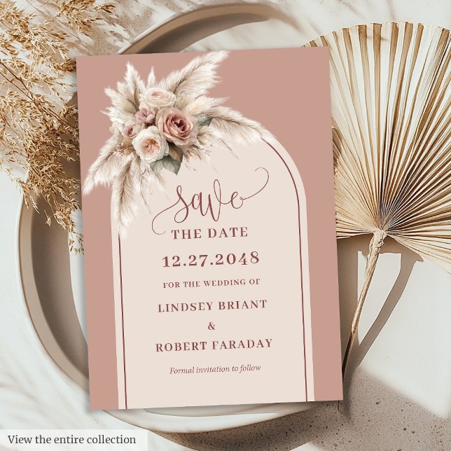 Tarjeta de aviso de fecha boho floral elegante ros (Elegant Dusty Pink Boho Floral Save the Date Card)