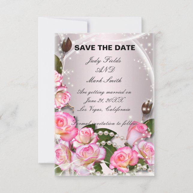 Tarjeta de aviso de fecha con rosas rosadas elegan (Anverso)