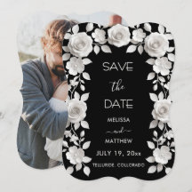 Tarjeta de aviso de fecha de 3D con rosas blancas