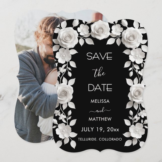 Tarjeta de aviso de fecha de 3D con rosas blancas  (Anverso / Reverso)