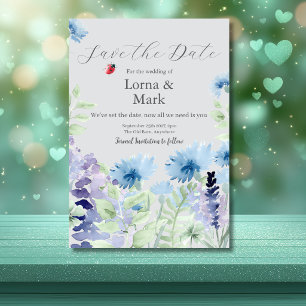 Tarjeta de aviso de fecha de azul y lila floral