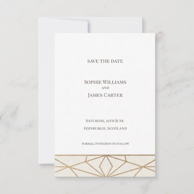 Tarjeta de aviso de fecha de boda Art Déco dorada (Anverso)