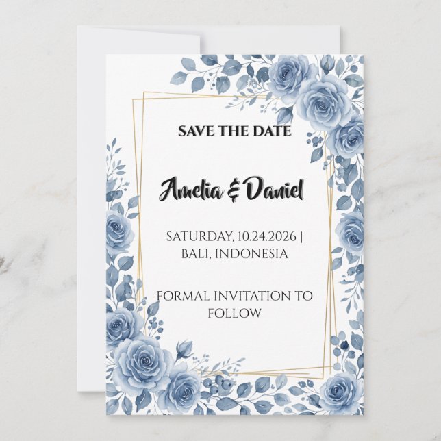 Tarjeta de aviso de fecha de boda azul floral polv (Anverso)