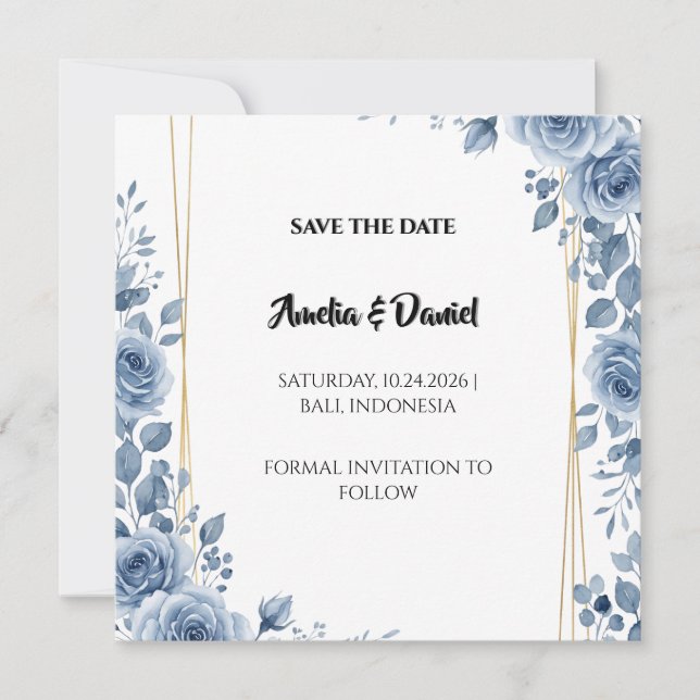 Tarjeta de aviso de fecha de boda azul floral polv (Anverso)