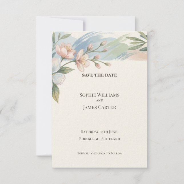 Tarjeta de aviso de fecha de boda azul polvoriento (Anverso)