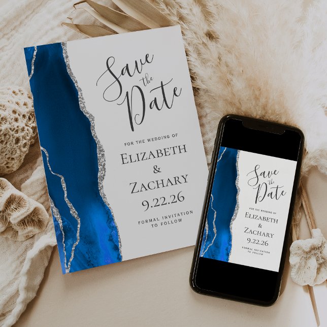 Tarjeta de aviso de fecha de boda azul real con ág (Subido por el creador)