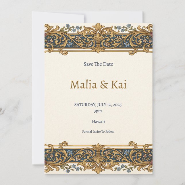 Tarjeta de aviso de fecha de boda barroca de oro a (Anverso)