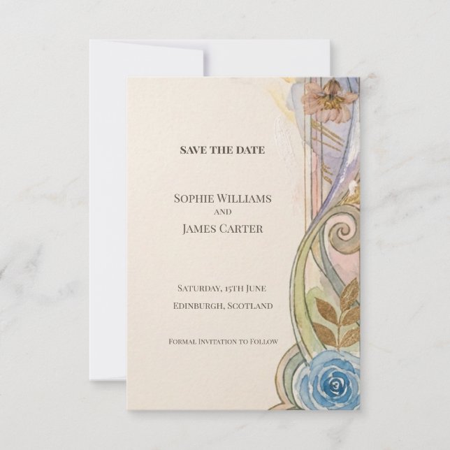 Tarjeta de aviso de fecha de boda Blue Rose Nouvea (Anverso)