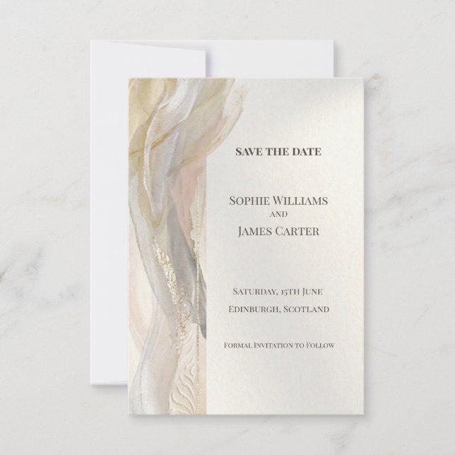 Tarjeta de aviso de fecha de boda botánica Gris Pl (Anverso)