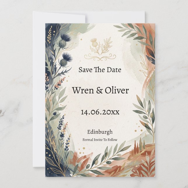 Tarjeta de aviso de fecha de boda botánica italian (Anverso)