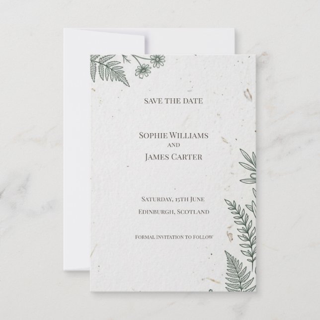 Tarjeta de aviso de fecha de boda botánica minimal (Anverso)