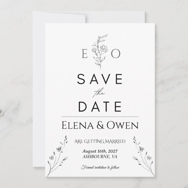 Tarjeta de aviso de fecha de boda botánica minimal (Anverso)