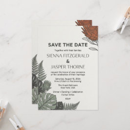 Tarjeta de aviso de fecha de boda botánica tropica