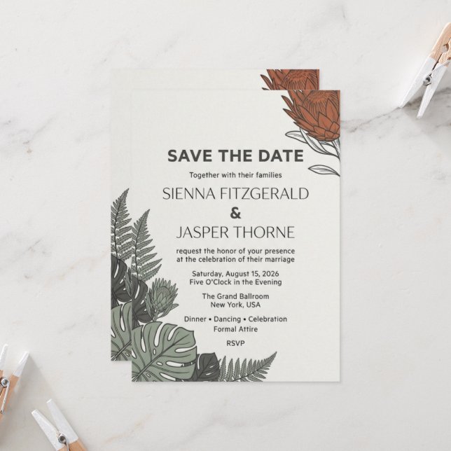 Tarjeta de aviso de fecha de boda botánica tropica (Anverso/Reverso In Situ)