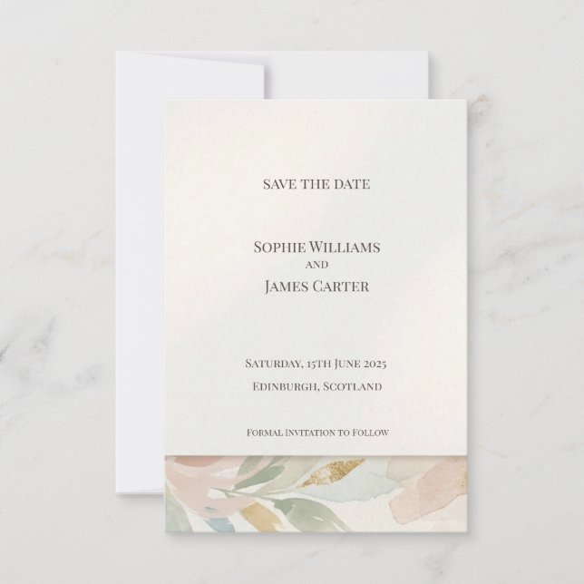Tarjeta de aviso de fecha de boda botánico pastel (Anverso)