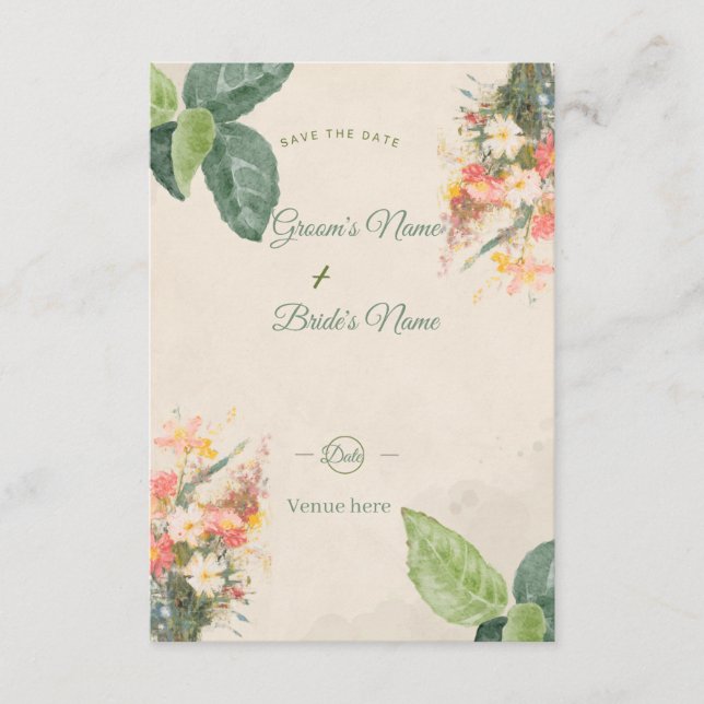 Tarjeta de aviso de fecha de boda con acuarela flo (Anverso)