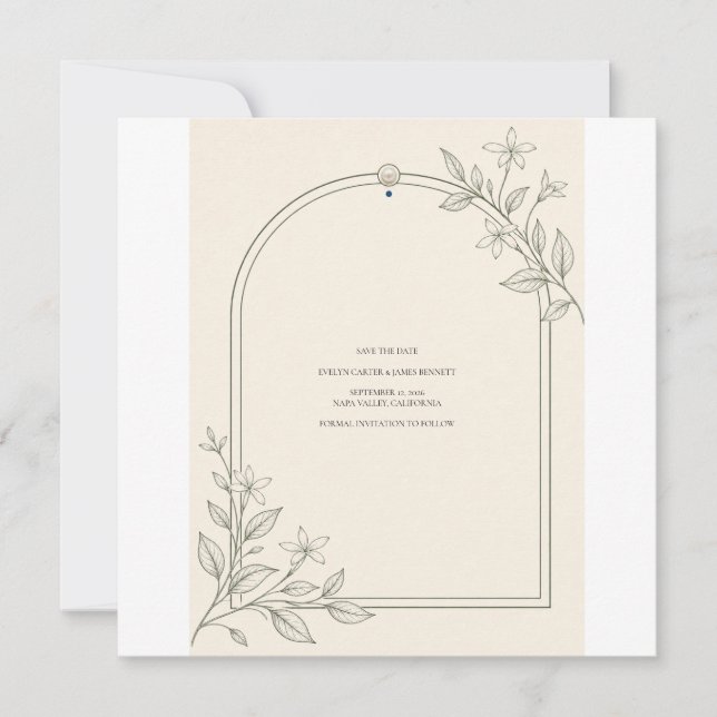 Tarjeta de aviso de fecha de boda con arco botánic (Anverso)