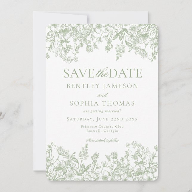 Tarjeta de aviso de fecha de boda con diseño flora (Anverso)
