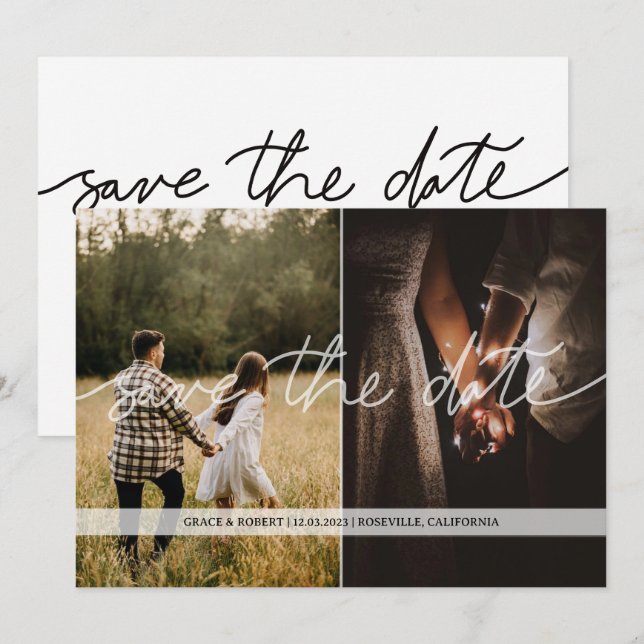 Tarjeta de aviso de fecha de boda con dos fotos tr (Anverso / Reverso)