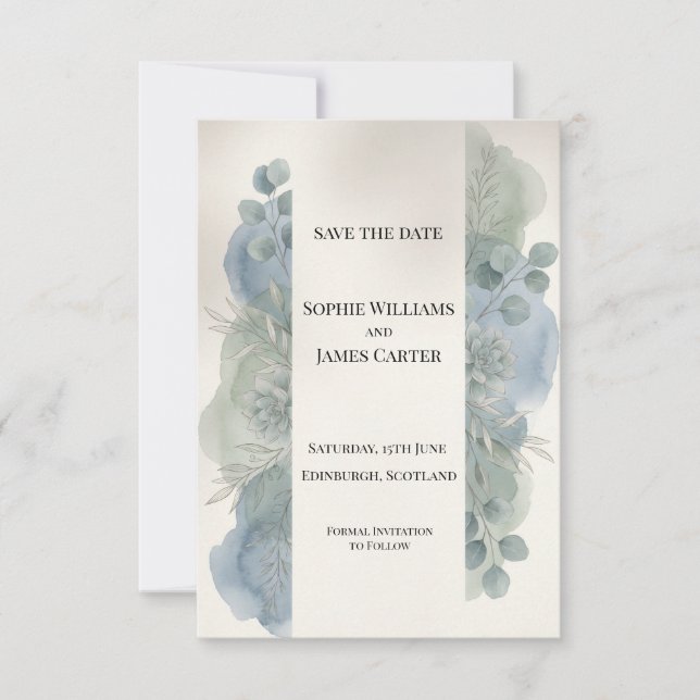 Tarjeta de aviso de fecha de boda con eucalipto gr (Anverso)