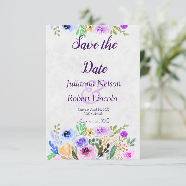 Tarjeta de aviso de fecha de boda con flores de ac (Anverso de pie)