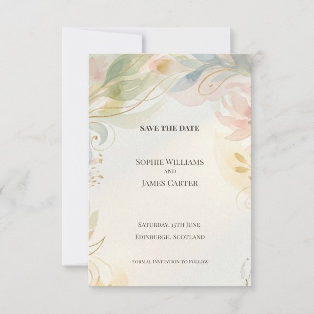 Tarjeta de aviso de fecha de boda con flores en pa (Anverso)