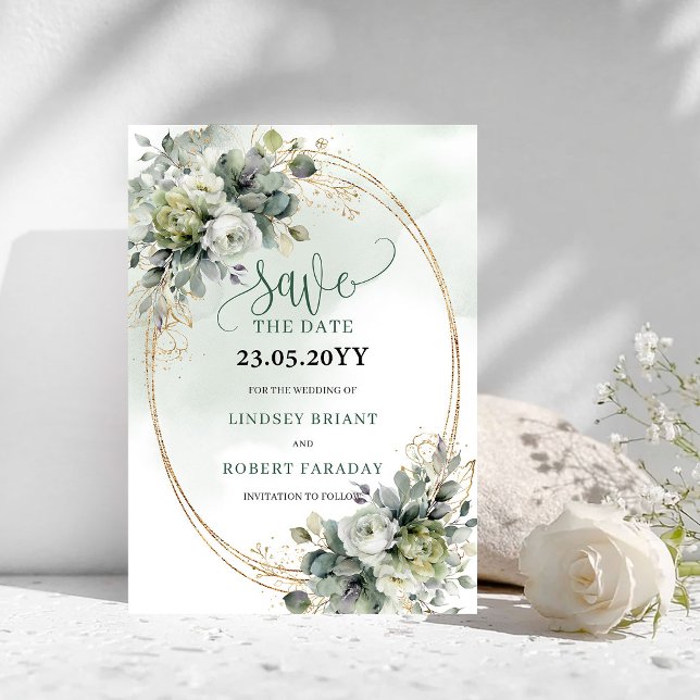 Tarjeta de aviso de fecha de boda con follaje romá (Romantic Dusty Green Foliage Save The Date Card)