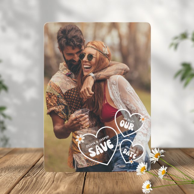 Tarjeta de aviso de fecha de boda con foto de Dais (Funky Retro Wedding Save The Date Card)
