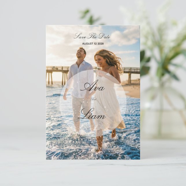 Tarjeta de aviso de fecha de boda con foto de play (Anverso de pie)