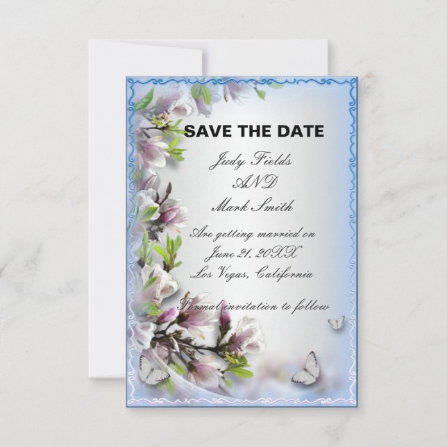 Tarjeta de aviso de fecha de boda con mariposa flo (Anverso)