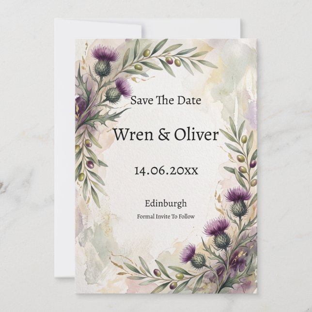 Tarjeta de aviso de fecha de boda con rama de oliv (Anverso)