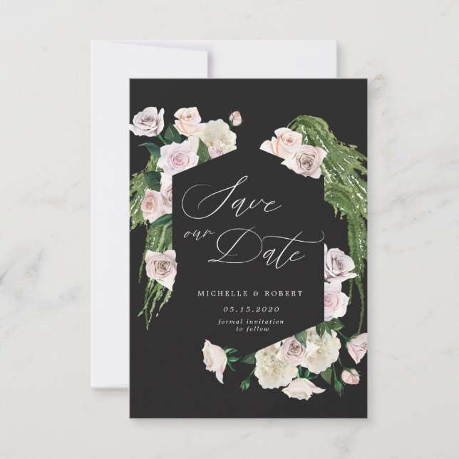 Tarjeta de aviso de fecha de boda con rosa sonroja (Anverso)