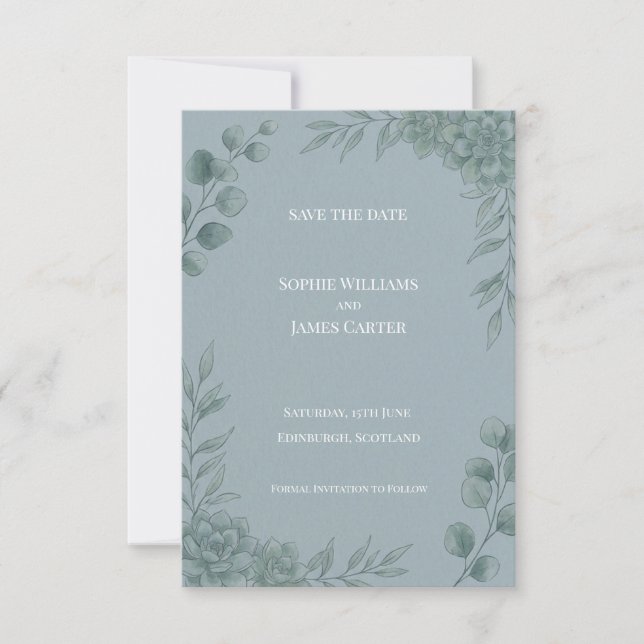 Tarjeta de aviso de fecha de boda de eucalipto gri (Anverso)